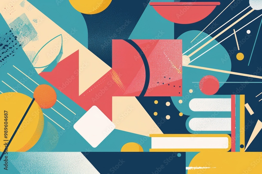 Poster abstract art featuring a colorful rocket and various objects