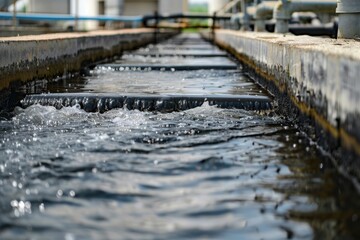 A waterway with a yellow line in the middle. generative ai image