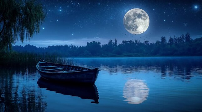 Wooden boat floating on a tranquil ocean under a starry night sky, creating a peaceful and serene atmosphere
  Seamless looping 4k time-lapse virtual video animation Generated AI