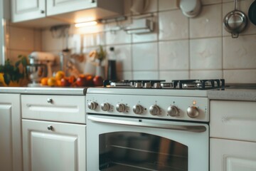 A white stove top oven in a kitchen setting