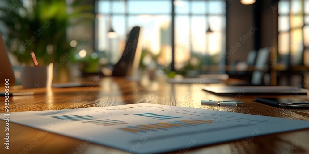 Poster bar chart on table with blurred office chairs in background, visualizing data in a professional work