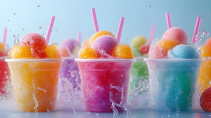 Panoramic still life of ice cream slush frozen colorful frozen fruit granita drinks flowing into...