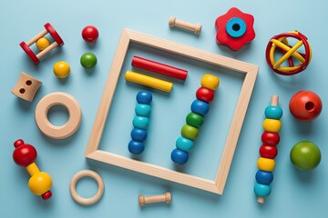 Colorful Wooden Educational Sensory Toys for Babies on Light Blue Flat Lay Background