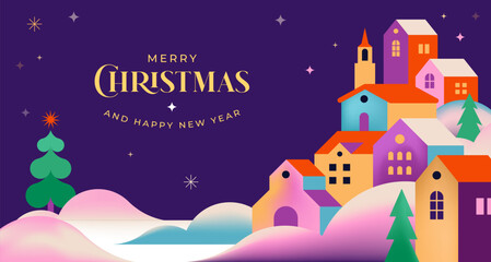 Merry Christmas and Happy New Year. Concept Christmas background with colorful geometrical style winter village. Homes, trees, decorations elements. Vector Illustration