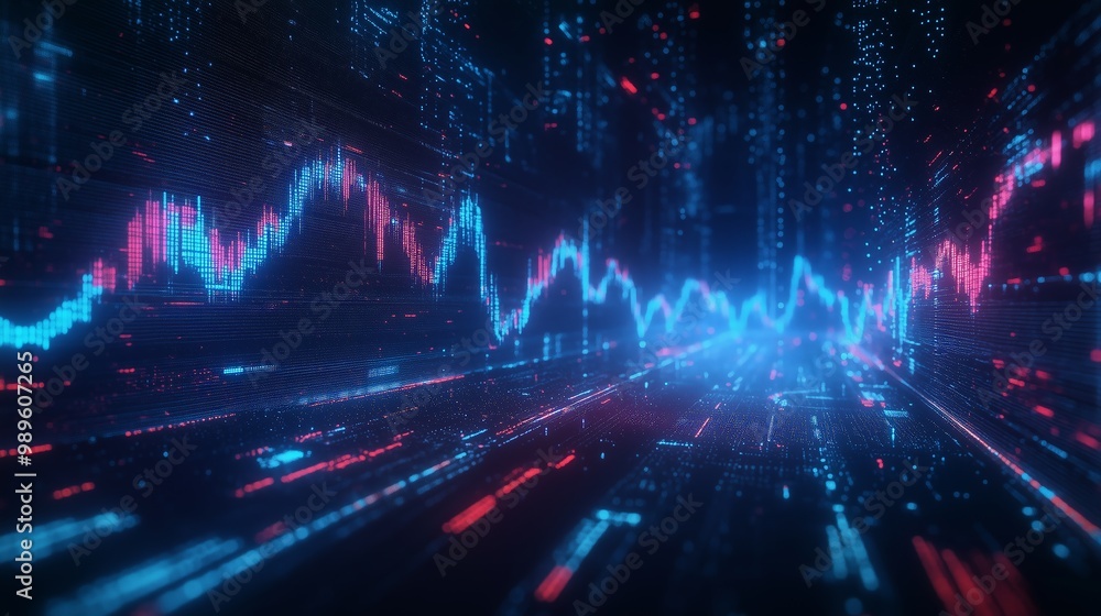 Poster dynamic visualization of data trends in a futuristic digital landscape at dusk