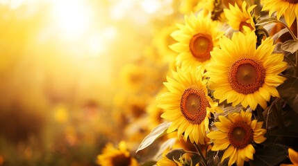 Obraz premium Sunflowers bloom against a sunny backdrop, creating a stunning banner for summer agriculture. This organic food production scene showcases the harvest of sunflowers, an essential oilseed crop