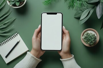 Mockup of a blank iPhone screen held in hand over a green background with plants and a notepad, showcasing an eco-friendly workspace aesthetic