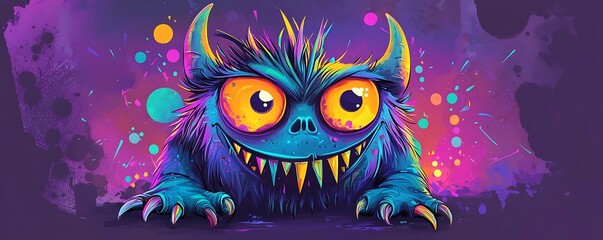 Vibrant-toned whimsical monster cartoon against a purple background.