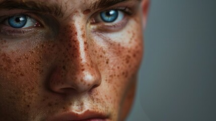 Close-up portrait of a person with distinctive freckles on their face