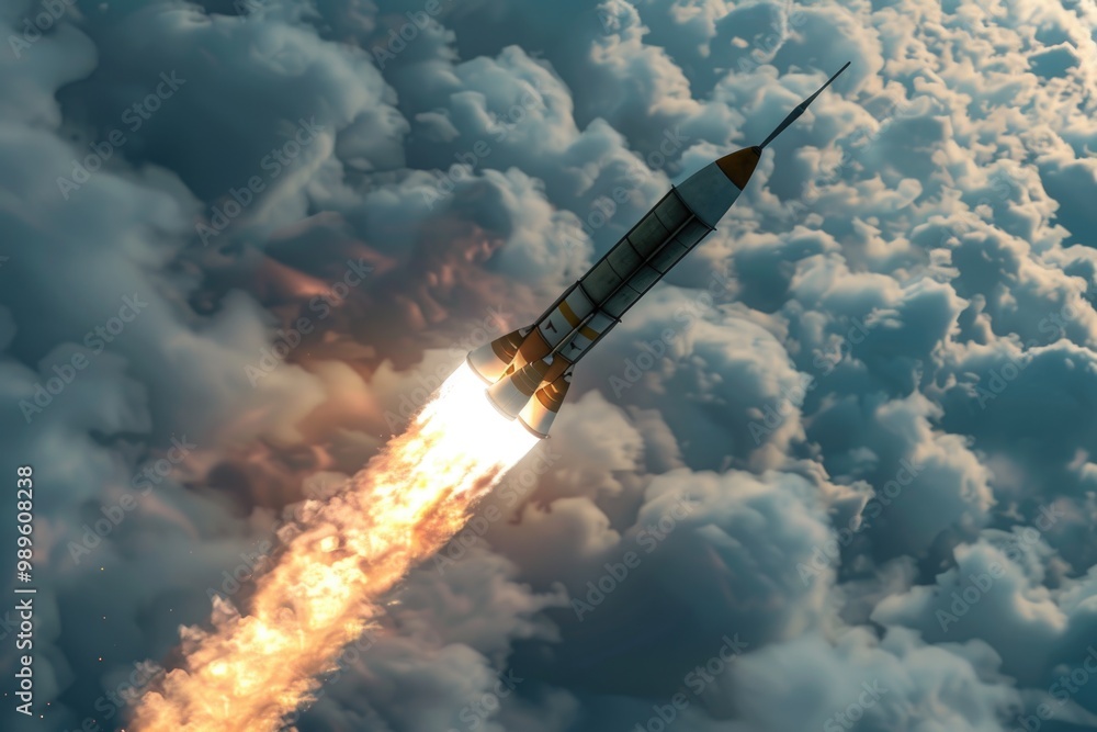 Poster a single rocket blasting off into the atmosphere with puffy white clouds in the background