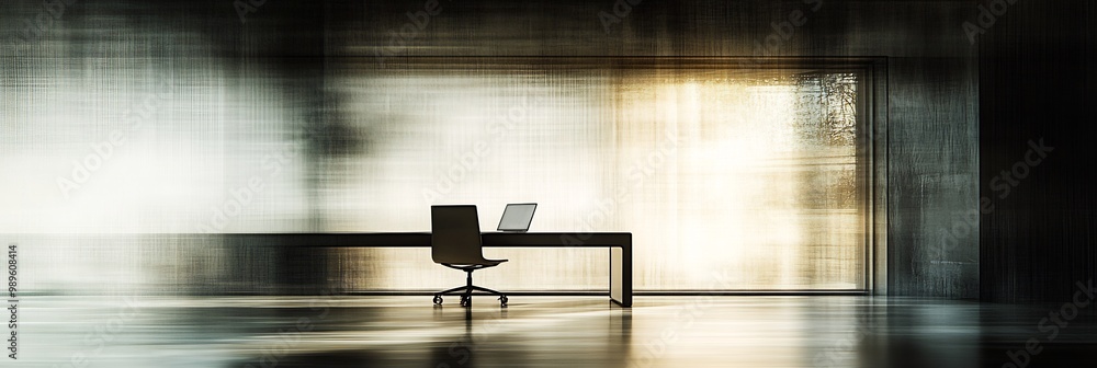 Poster abstract blurry view of home office with a sleek laptop on a modern desk captured using a panning te