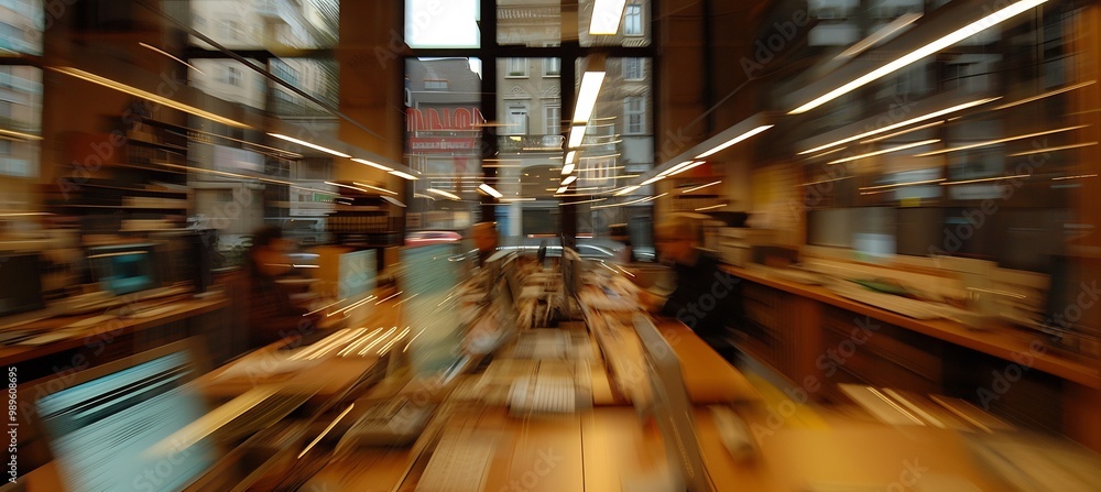 Poster abstract office space blurry desks and modern gadgets captured using motion blur to create a dynamic