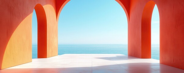 Modern architectural scene with vibrant orange arches overlooking a tranquil sea view