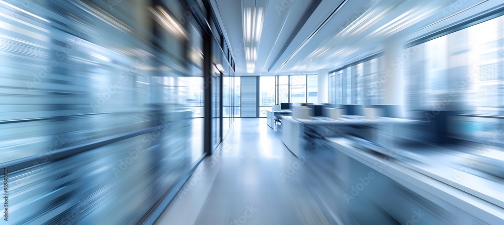 Poster abstract office space blurry desks and modern gadgets captured using motion blur to create a dynamic