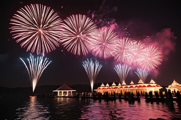 Lakeshore Celebration with Stunning Fireworks for Diwali Festival