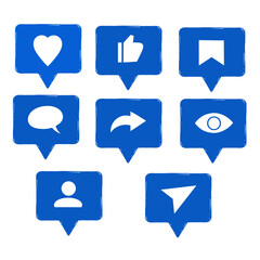 Set of blue Social media button, Message, like, send, save icon . Follow, heart, comment, share app interface with transparency details