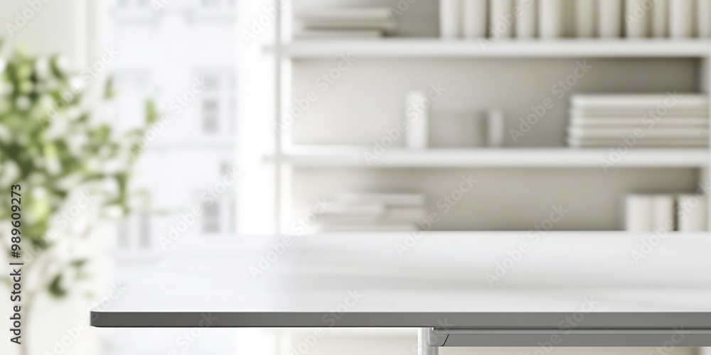 Poster blurred abstract shot of standing desk in a modern home office with floating minimalistic shelves di