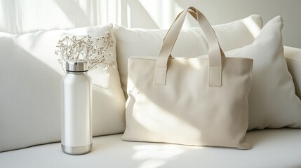 A serene indoor setting featuring a stylish tote bag and a sleek water bottle on a soft, inviting couch filled with decorative pillows