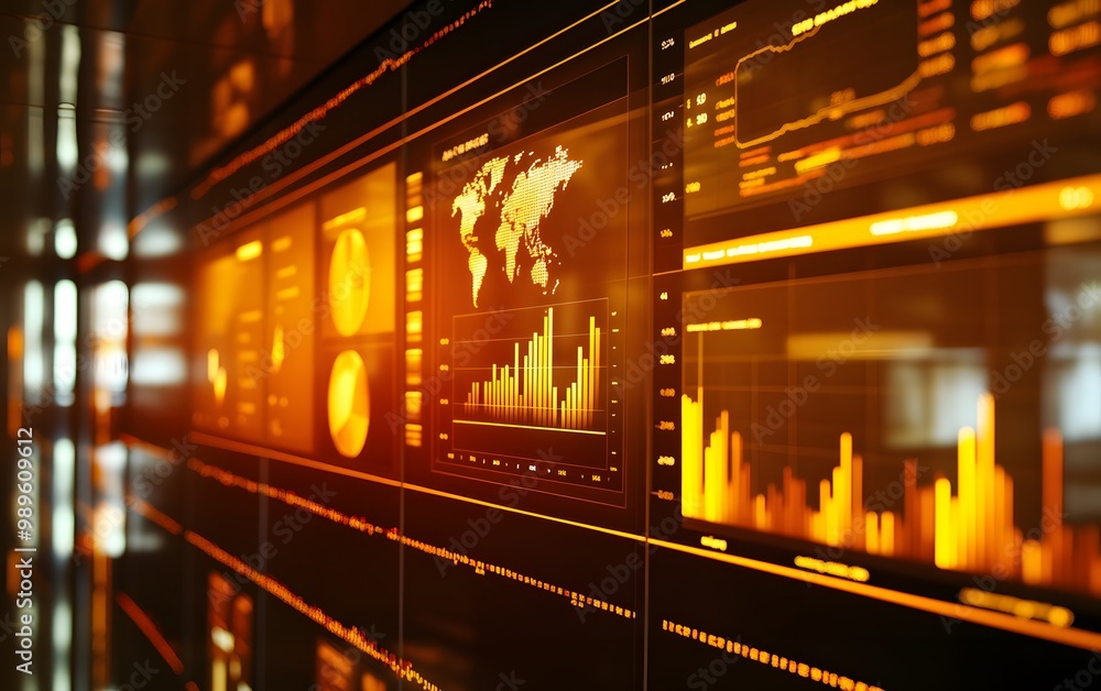 Poster dynamic data visualization displaying graphs, charts, and global maps in a vibrant orange theme for 