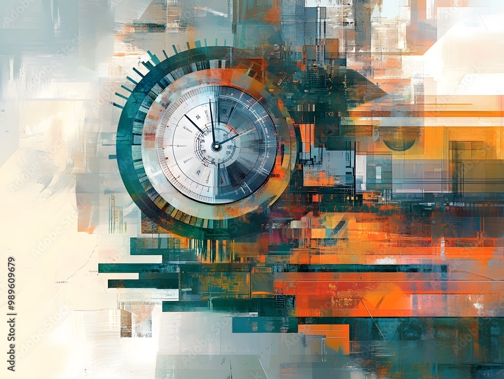 Poster Abstract representation of time with vivid colors and geometric shapes, showcasing a clock surrounded by dynamic patterns.