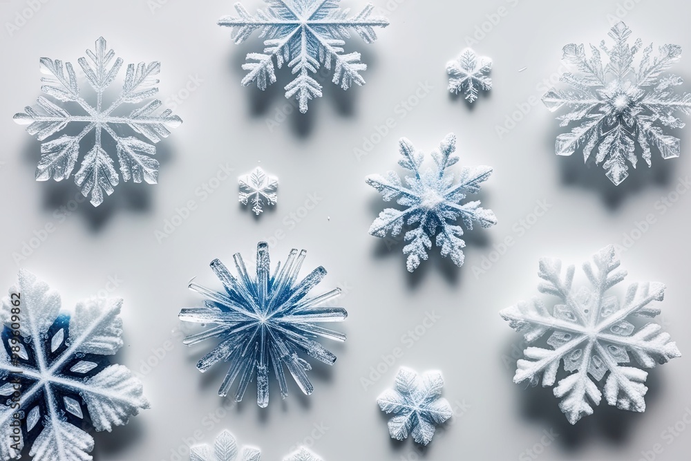 Poster Macro Photography of Isolated Assorted Frozen Snowflakes on Bright White Background Highlighting Intricate Crystal Structures