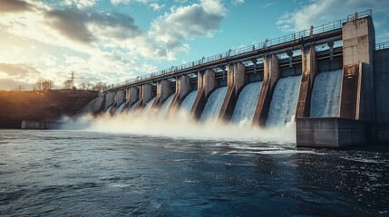 Hydroelectric Dam Releasing Water at Sunset