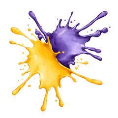 Bright yellow and purple paint splashes collide on a transparent or white background, creating a dynamic and artistic visual effect.
