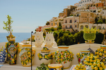 Panoramic landscape of the Amalfi coast. Neapolitan ceramics. Positano. A resort town. Italy....