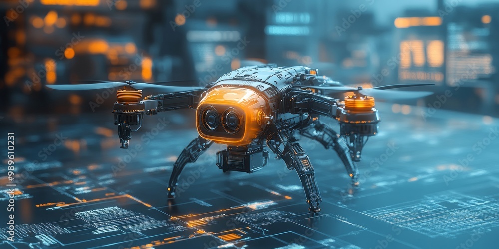 Poster robotic drone component amidst technical blueprints and illuminated screens, highlighting advanced e