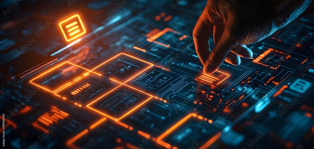Poster a hand interacting with a futuristic digital interface featuring vibrant circuits and glowing elemen