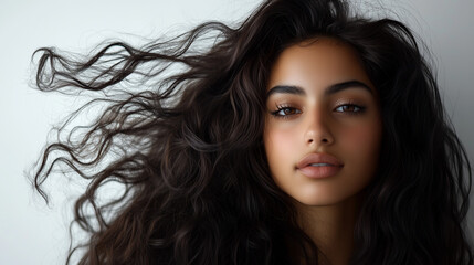 Fototapeta premium Arabic girl with long shiny brown hair on a white background, shampoo advertising