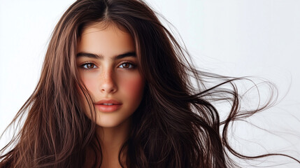 Fototapeta premium Arabic girl with long shiny brown hair on a white background, shampoo advertising