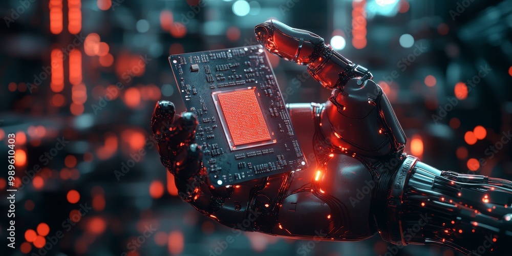 Aufkleber robotic hand grasping microchip, illuminated tech hub in soft focus, showcasing advanced technology 