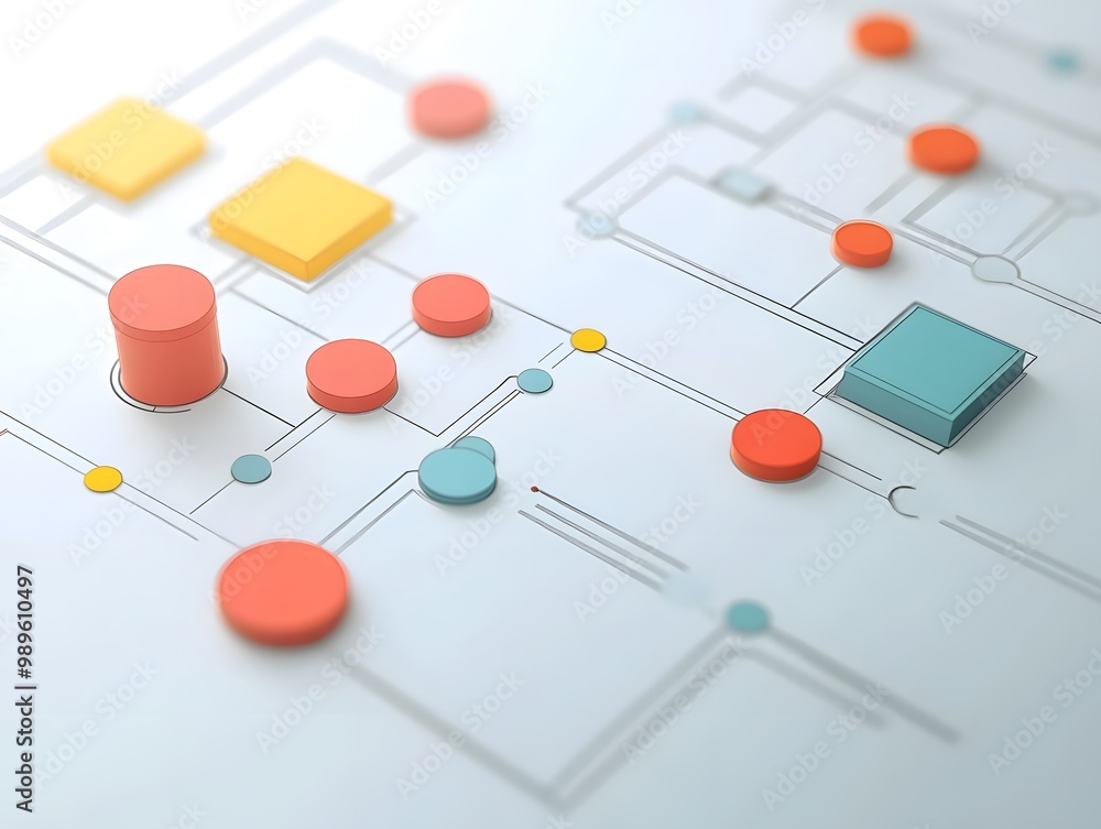 Poster abstract diagram featuring colorful geometric shapes on a grid, representing flowchart or process ma