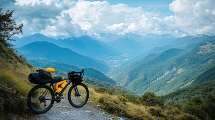A cyclist taking a break on a mountaintop trail, with their bicycle leaning against a rock and a panoramic view of valleys and peaks stretching into the distance.