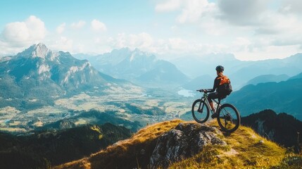 Fototapeta premium A cyclist taking a break on a mountaintop trail, with their bicycle leaning against a rock and a panoramic view of valleys and peaks stretching into the distance.