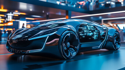 Fototapeta premium A concept car show featuring autonomous electric vehicles with sleek aerodynamic designs and augmented reality dashboards.