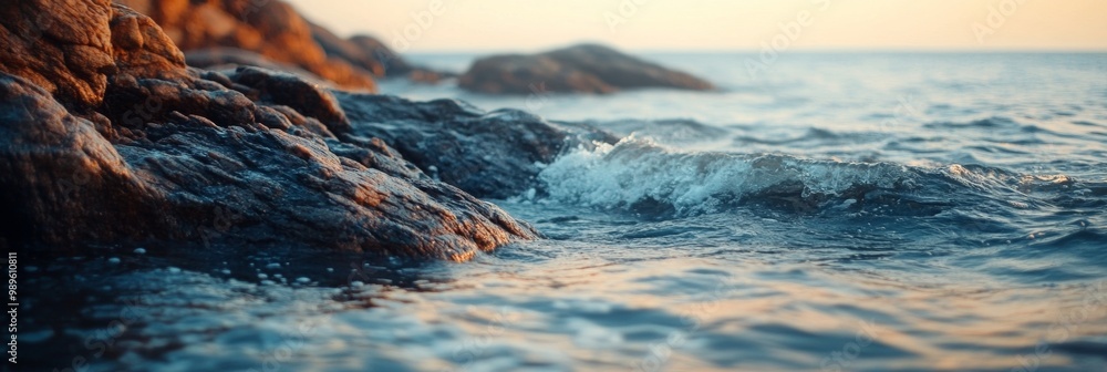 Poster rocky shoreline with gentle waves lapping against the rocks, creating a serene coastal scene with a 