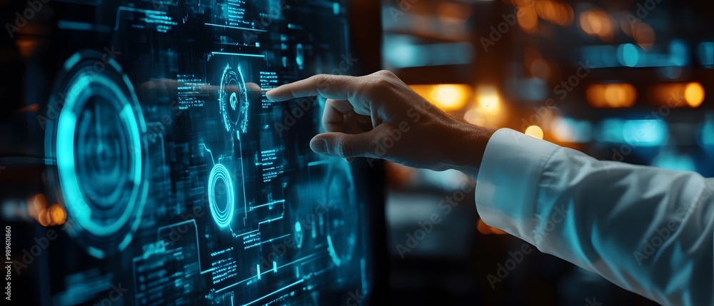 Poster futuristic touch interface with a hand interacting, showcasing advanced technology and digital data 