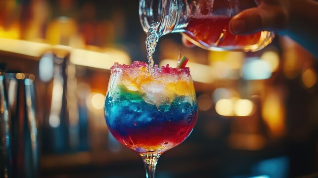 A dynamic shot of a bartender pouring a colorful cocktail into a glass, capturing the excitement and artistry of mixology.