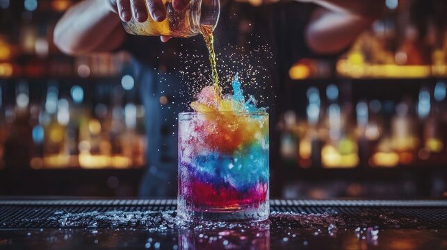 A dynamic shot of a bartender pouring a colorful cocktail into a glass, capturing the excitement and artistry of mixology. - Powered by Adobe