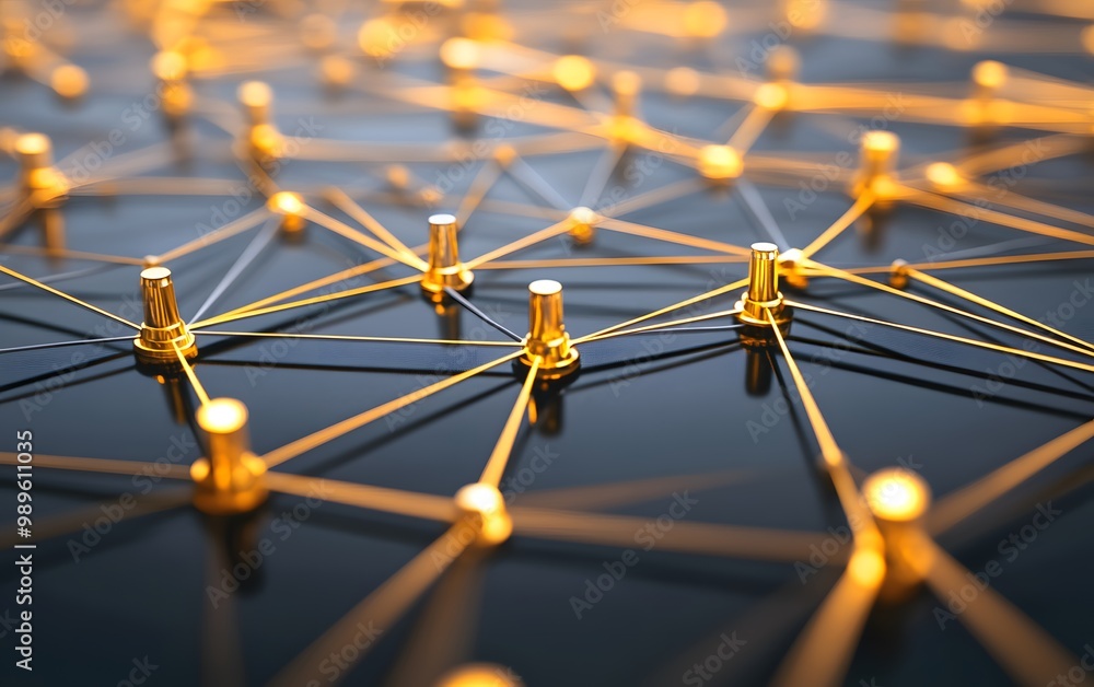 Poster abstract network connection with golden nodes and lines on a dark surface, illustrating digital comm