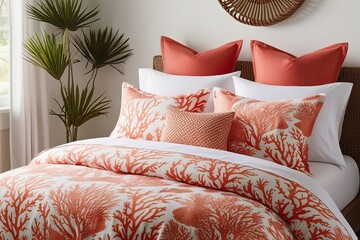 Coral Patterned Duvet on Crisp White Bedding for Cozy and Chic Home Decor