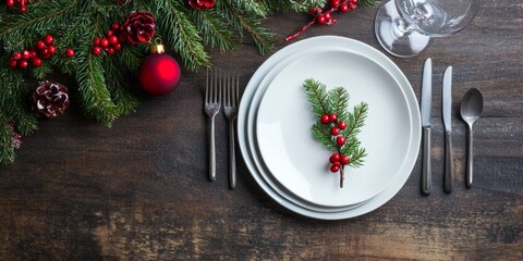 Christmas dinner concept. Christmas plate on the table. Festive Xmas background