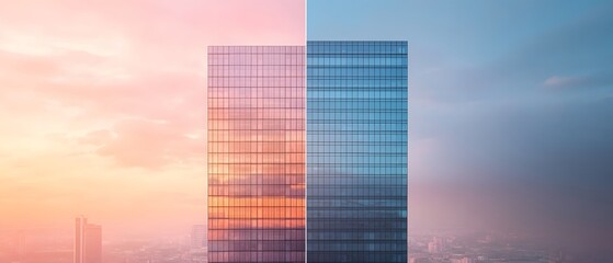 A stunning urban skyline at sunset, showcasing two contrasting skyscrapers illuminated by warm and cool tones.