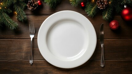 Christmas dinner concept. Christmas plate on the table. Festive Xmas background