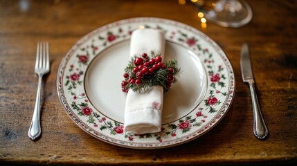Christmas dinner concept. Christmas plate on the table. Festive Xmas background