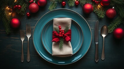 Christmas dinner concept. Christmas plate on the table. Festive Xmas background