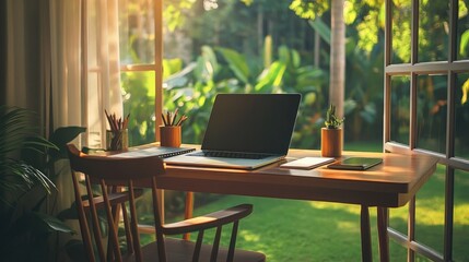 Fototapeta premium A minimalist desk setup with a simple wooden chair, a laptop, and a notebook, placed by a window with a view of a lush green garden outside.