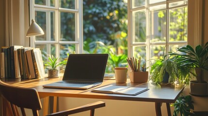 A minimalist desk setup with a simple wooden chair, a laptop, and a notebook, placed by a window with a view of a lush green garden outside.